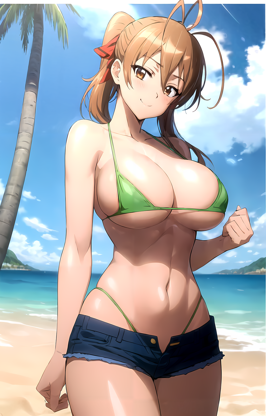 1girl 1girl 1girl ai_generated arm_support playa big_breasts big_breasts big_breasts bikini ojos_marrones cabello_marrón escote denim pantalones cortos_de mezclilla solo mujer_bikini verde highschool_of_the_dead piernas cabello_largo mirando_al_espectador ombligo océano rei_miyamoto sensual pantalones cortos sonrisa difusión_estable sudor muslos_gruesos muslos tanga_bikini voluptuoso agua