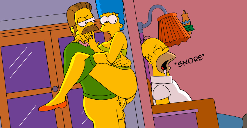 culo infiel esposa_infiel pene_erguido gafas homer_simpson pene_enorme marge_simpson ned_flanders sin_bragas coño_afeitado durmiendo los_simpsons muslos vaginal