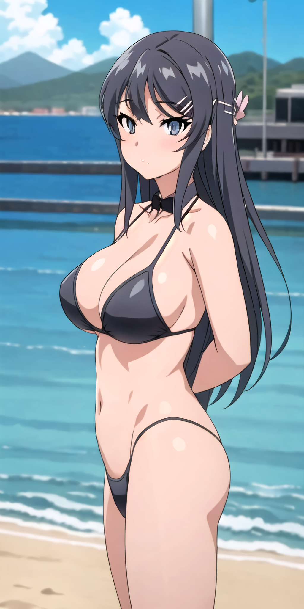 1girl seductor brazos_detrás_espalda playa pechos_grandes bikini cabello_negro ojos_azules solo_mujer piernas_alta_resolución cabello_largo mirando_al_espectador ombligo océano sakurajima_mai seishun_buta_yarou_wa_bunny_girl_senpai_no_yume_wo_minai muslos tanga_bikini voluptuoso agua zengai