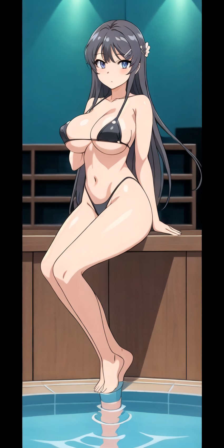 1girl seductor soporte_brazo piernas_desnudas pechos_grandes bikini cabello_negro ojos_azules pies solo_femenina piernas_alta_resolución cabello_largo mirando_al_espectador ombligo piscina sakurajima_mai seishun_buta_yarou_wa_bunny_girl_senpai_no_yume_wo_minai sentada piscina_muslos tanga_bikini voluptuoso agua zengai