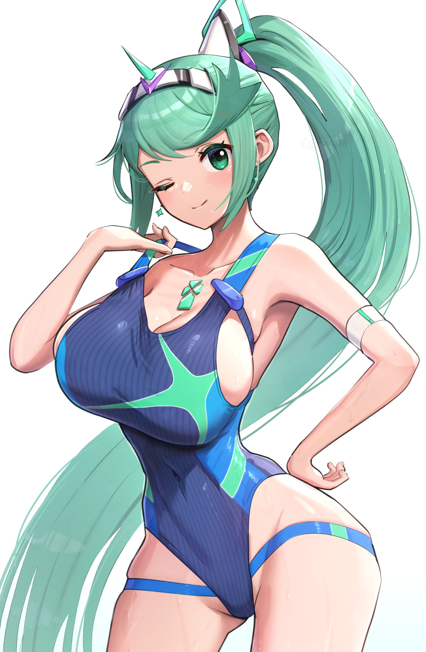 1girl 1girl resolución_absurda seductora traje_alterno pechos_grandes pechos_grandes bikini pechos gonzarez ojos_verdes pelo_verde pelo_largo de alta resolución bikini_de_una sola pieza pneuma_(xenoblade) cola de caballo fondo_simple traje de baño pelo_muy_largo fondo_blanco xenoblade_(serie) xenoblade_chronicles_2