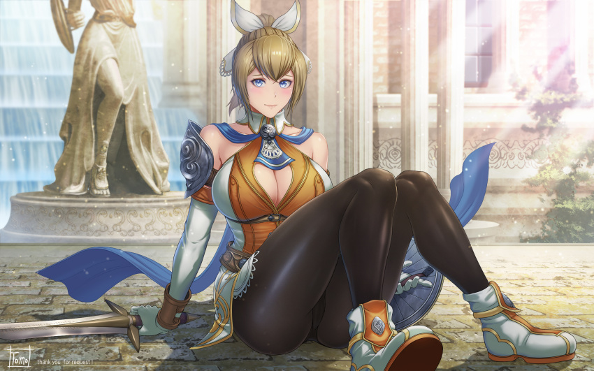 1girl 1girl seductor pechos grandes cabello_rubio ojos_azules cassandra_alexandra escote pantimedias vestidas project_soul silf falda sentada soul_calibur soul_calibur_ii soul_calibur_iii soul_calibur_vi tomo_(artista)