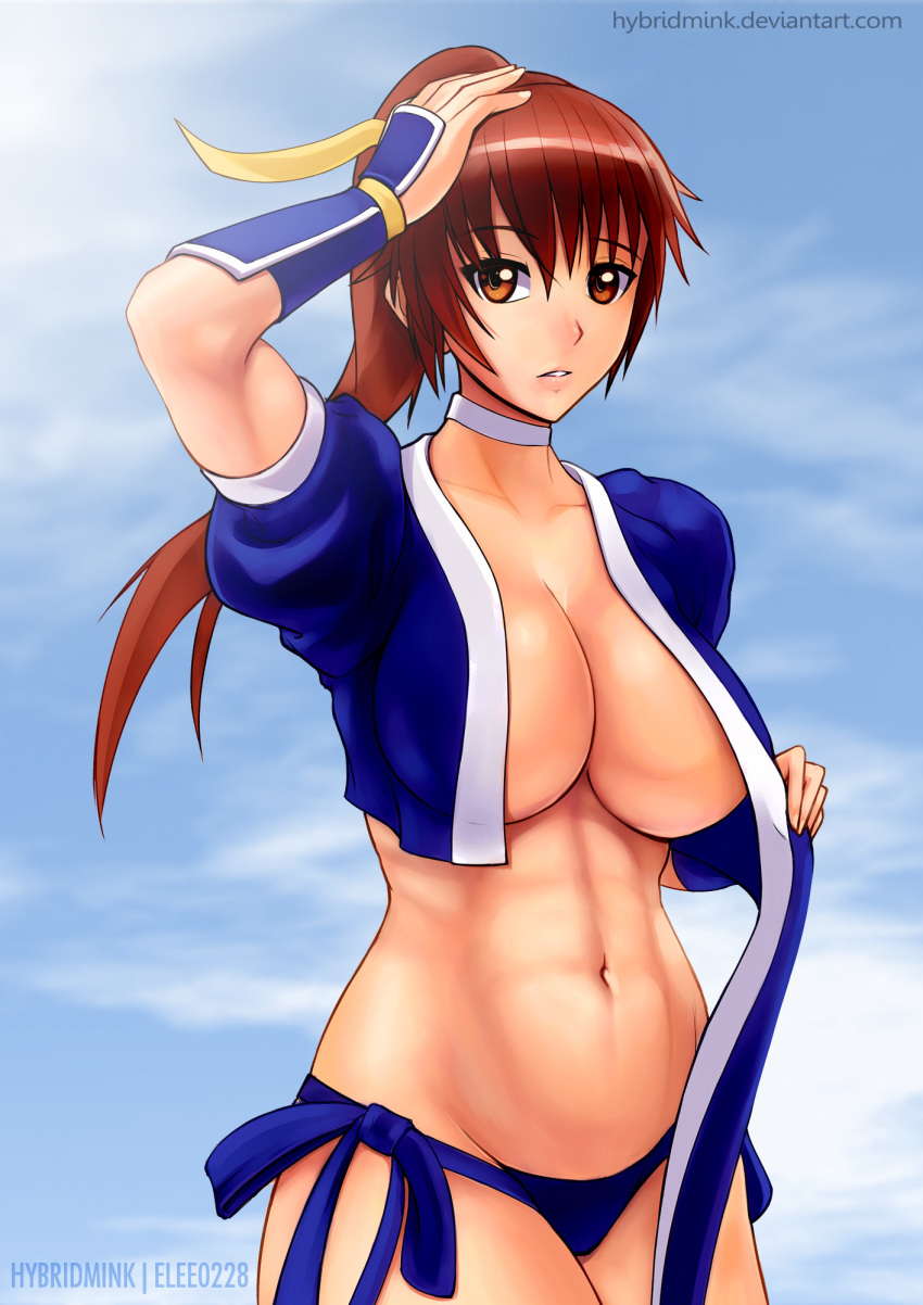 1girl 1girl abs seductor protectores de brazos mujer atlética pechos grandes bragas_azules pechos ojos_marrones cabello_marrón escote dead_or_alive dead_or_alive_2 dead_or_alive_3 dead_or_alive_4 dead_or_alive_5 dead_or_alive_6 dead_or_alive_xtreme dead_or_alive_xtreme_2 dead_or_alive_xtreme_3 dead_or_alive_xtrem e_3_fortune dead_or_alive_xtreme_beach_volleyball dead_or_alive_xtreme_venus_vacation woman_abs fit_female hand_on_own_head high_res hybridmink kasumi kasumi_(doa) kunoichi pelo_largo mirando_al_espectador ombligo sin_sujetador bragas labios_partidos cola de caballo silf estómago de pie tecmo ropa interior tonificada