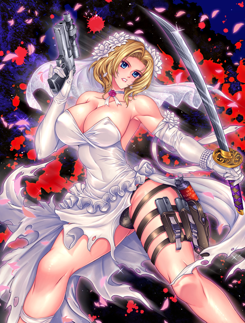 1girl bandai_namco big_breasts pelo_rubio ojos_azules pechos escote muerte_por_grados vestir guantes pistola john_r labios namco namco_bandai nina_williams bragas pelo_corto espada tekken tekken_(2010_film) tekken_1 tekken_2 tekken_3 tekken_4 tekken_5_dark_resurrection tekken_6_bloodline_rebellion tek ken_7 tekken_8 tekken_blood_vengeance tekken_bloodline tekken_tag_tournament tekken_tag_tournament_2 tekken_the_motion_picture ropa interior arma armas vestido de novia