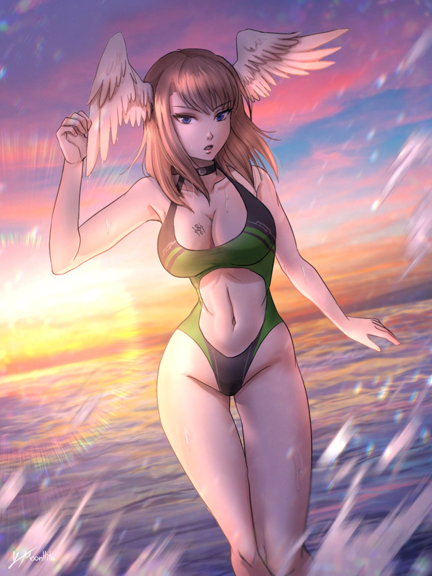 1chica seductor piernas_desnudas pechos_grandes bikini ojos_azules pechos cabello_marrón eunie_(xenoblade) high_entia moonllita moonllita_(artista) nintendo bikini_de_una sola pieza traje de baño mojado xenoblade_(serie) xenoblade_chronicles_3