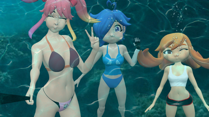 3d 3d_(obra de arte) 3girls air_bubbles beach bikini blue_bikini blue_bikini_bottom blue_eyes blue_hair blue_swimsuit blue_tankini pechos brown_bikini brown_bikini_top burbujas crop_top hembra solo para mujeres glitch_productions cabello_sobre_un_ojo figura_reloj de arena cabello_largo brazo_mecánico meggy_spletzer ombligo océano orange_hair pink_bikini_bottom pink_eyes cabello_rosa ojos_morados saiko_bichitaru_(smg4) mar selfie_stick selfie foto sfm camisa pelo_corto mangas_cortas smg4 sonrisa fuente_cineasta shorts_de_baño traje de baño trajes de baño tank_top tankini tari_(smg4) twin_tails submarino uwfanatic agua white_crop_top white_shirt white_tank_top yellow_streak