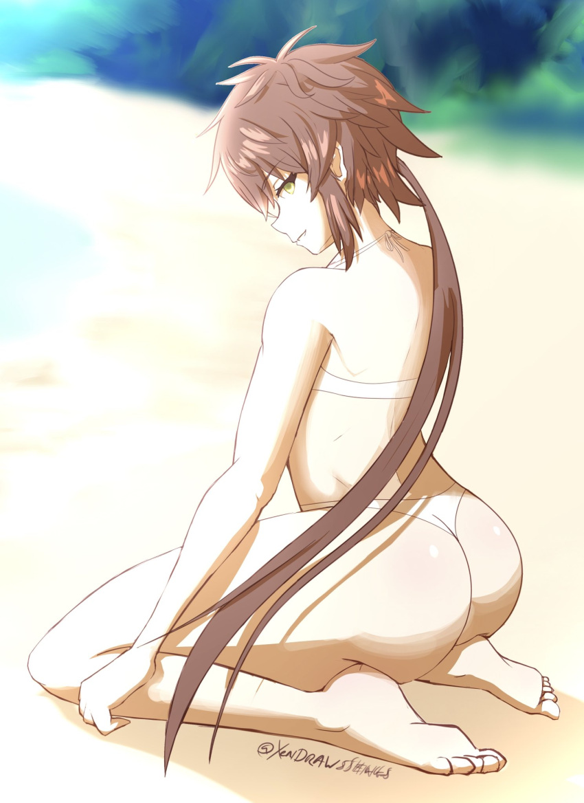 1chica seductor piernas_desnudas playa bikini cabello_marrón ojos_dorados lora_(xenoblade) nintendo cabello_corto xendrawsseggs xendrawsthings xenoblade_(serie) xenoblade_chronicles_2 xenoblade_chronicles_2:_torna_-_the_golden_country