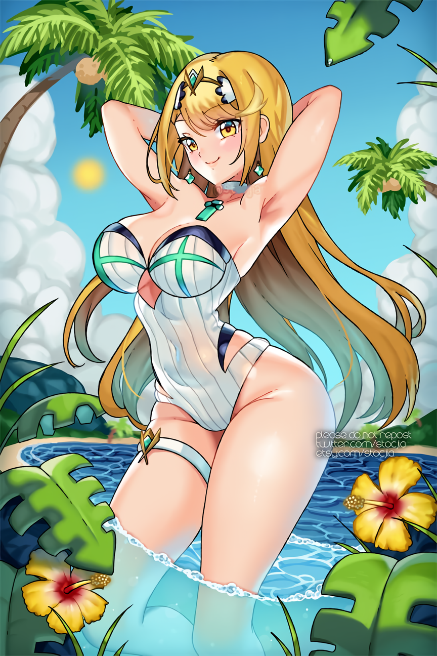 1chica 1chica 1chica seductor bikini cabello_rubio pechos escote core_crystal solo_mujer mirando_al_visor mom0ka mythra nintendo stocjia xenoblade_(serie) xenoblade_chronicles_2 ojos_amarillos