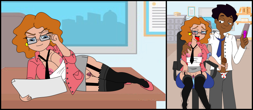 1niño 1niña senos cabello_castaño hombre_de piel oscura piel_oscura disney disney_channel disney_xd cejas pestañas ferozyraptor gafas acostado melissa_chase ley_murphy de milo corbata pezones sin_bragas cabello_naranja orinar pezones_rosas coño frotamiento_pene sentado lengua lengua fuera camisa_desabotonada zack_underwood