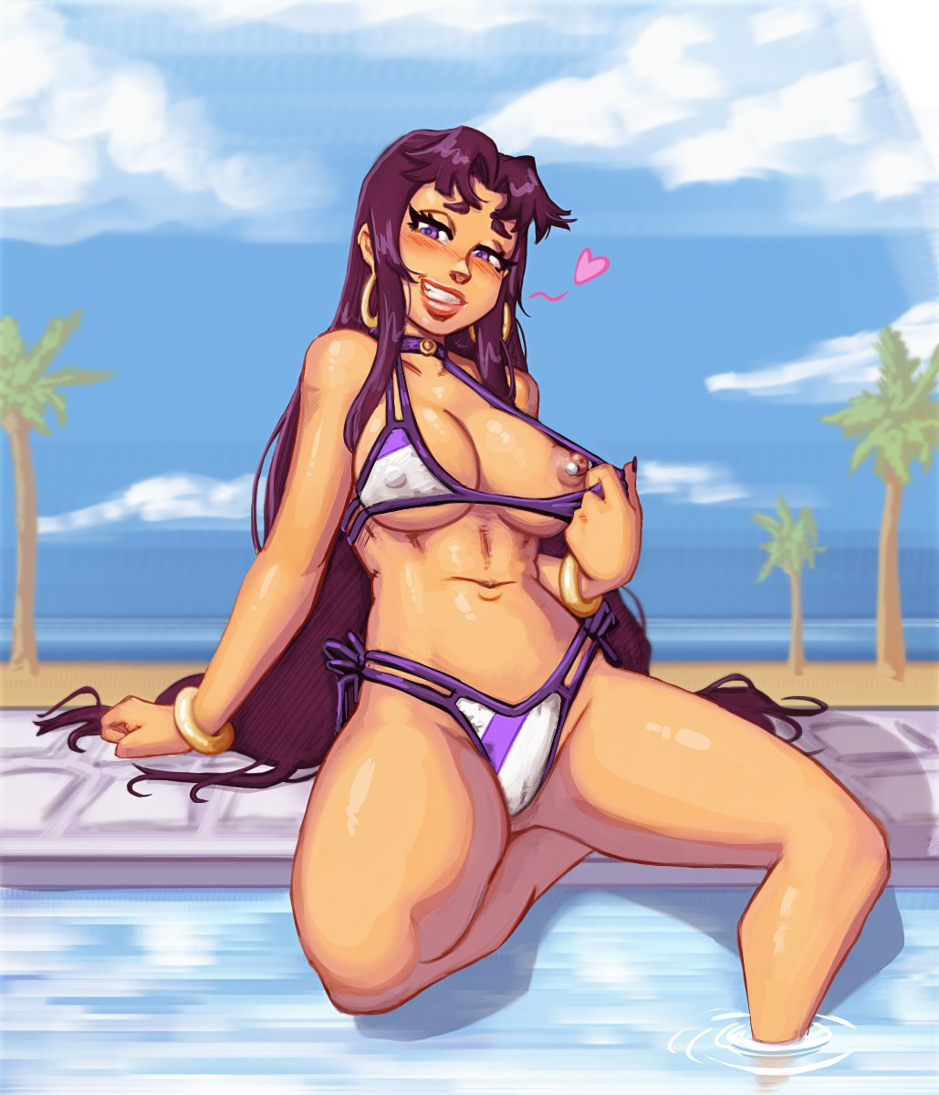 1girl 2024 fondo_playa bikini blackfire rubor pechos dc_comics hembra enfoque_femenino solo femenino intermitente pechos_intermitentes pie_en_agua corazón komand'r l0ngsword pelo_largo mirando_visor ombligo pezón_piercing pezones piscina junto a la piscina bikini_morado ojos_morados pelo_morado solo bikini_rayado traje de baño_rayado traje de baño titanes_adolescentes muslos_gruesos muslos agua bikini_blanco