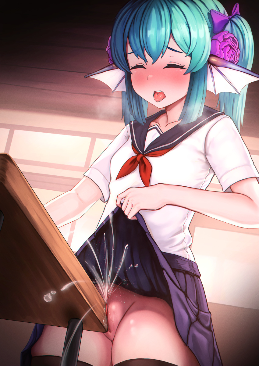 1girl rubor vestida semen escritorio escritorio_joroba escritorio_sexo finana_ryugu headfins neroshi nijisanji coño uniforme_escolar sexo en mesa virtual_youtuber vtuber