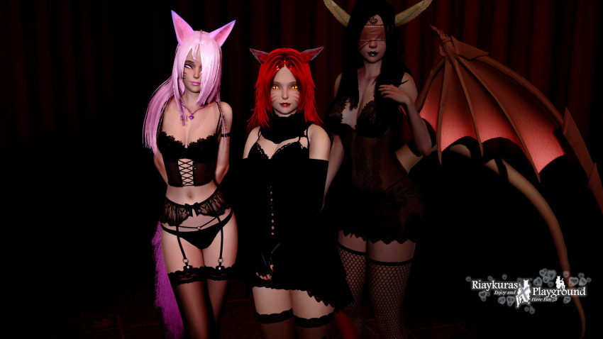 3_girls 3d 3d_model 3females black_clothes black_clothing black_dress black_hair black_legwear black_lips black_lipstick black_panties black_stockings ciego con los ojos vendados orejas de gato cat_girl cat_humanoid demon_girl vestido de demonio exxora solo para mujeres medias de red medias de rejilla orejas de zorro fox_girl fox_humanoid grupo heart_tattoo isla leona_phoenix lenceria largo _orejas cabello_largo miqo'te múltiples_mujeres múltiples_niñas múltiples_personas collar ojos_naranjas ojos_rosas cabello_rosa labios_rosas lápiz labial_rosa cabello_rojo red_hair_female red_lips red_lipstick riaykura riaykuras_playground bufanda sonrisa medias cola alas alas_humanoides