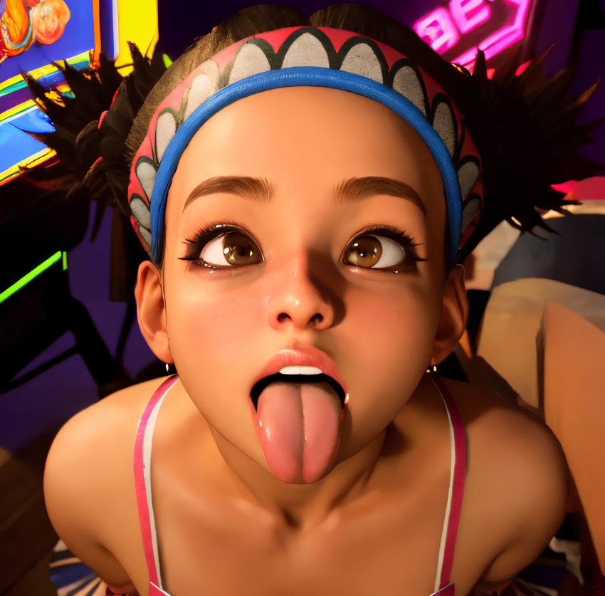 1 niña 3d 3d_(obra de arte) ahe_gao ahegao ojos_marrones capcom crystalmang0 mujer_de piel oscura enfoque_femenino diadema lily_hawk boca_abierta street_fighter street_fighter_6 lengua lengua_fuera mujer_más joven