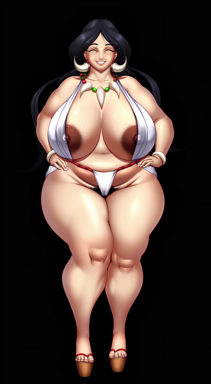 1girl areola_grande culo_grande pechos_grandes pelo_negro cuello gordito drasna drasna_(pokemon) ropa_japonesa m_jr_art mujer_madura milf bragas zapatos_de_plataforma pokemon pelo_púbico sonrisa seductora tanga