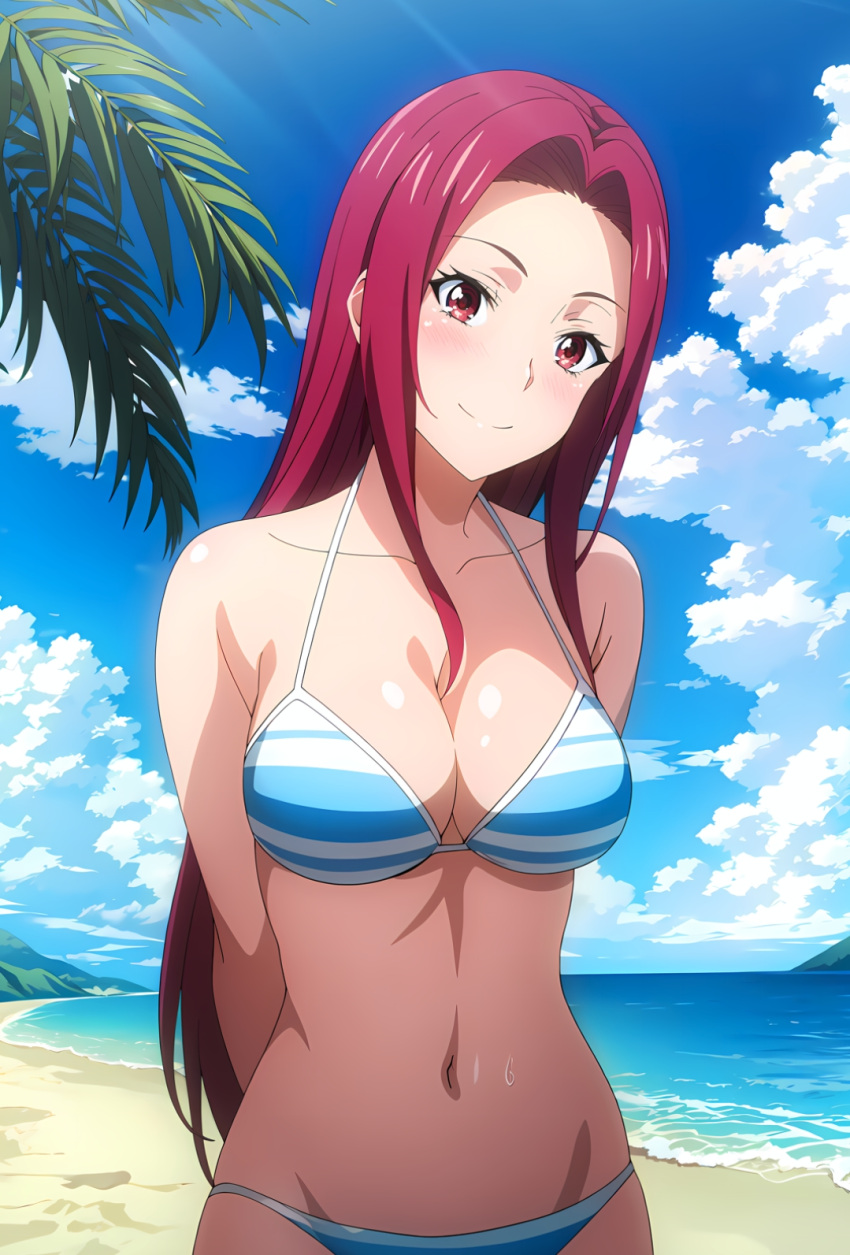 1girl estilo_artístico preciso seductor piernas_desnudas playa pechos grandes bikini cielo_azul escote ojos_magenta cabello_magenta mastabayter océano posando sakaki_ryouko shokugeki_no_souma