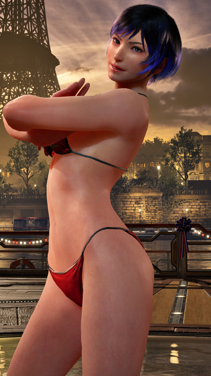 1girl culo seductor bikini_mujer_atlética pelo_negro_y_morado pechos torre_iffel_solo mujer_en forma increíblemente_caliente namco parcialmente_vestida posando reina_mishima captura de pantalla puesta de sol tekken tekken_8