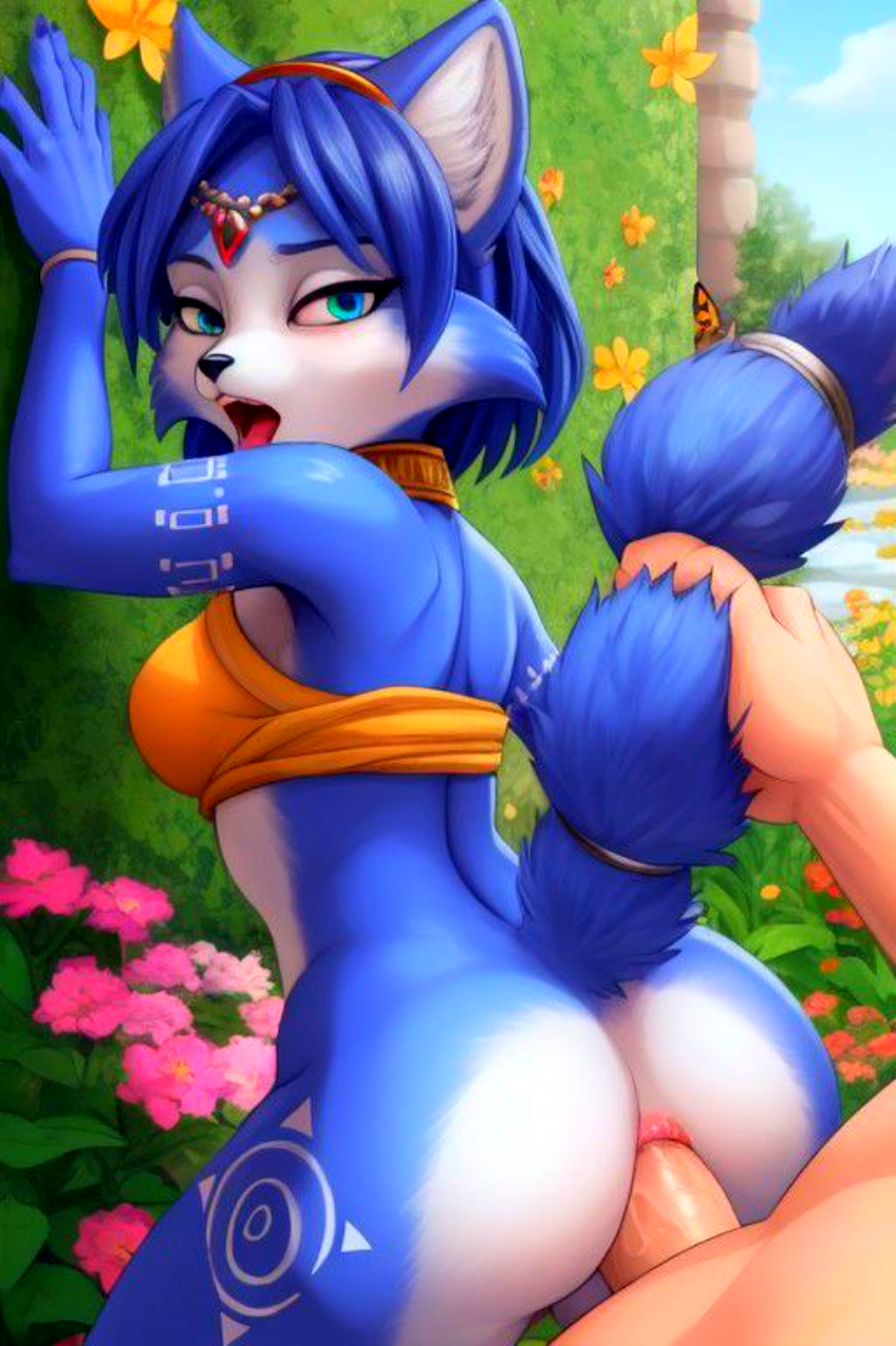 1boy 1girl Against_wall ai_generated anal sexo_anal anthro culo ojos_azules piel_azul flores orejas_de_zorra chica_zorra peludo mujer_peluda jardín h hand_up interespecies krystal mirando_hacia atrás m nintendo boca_abierta afuera sexo_parcialmente_vestido desde_detrás star_fox cola sorprendida tail_grab tatuaje vaginal