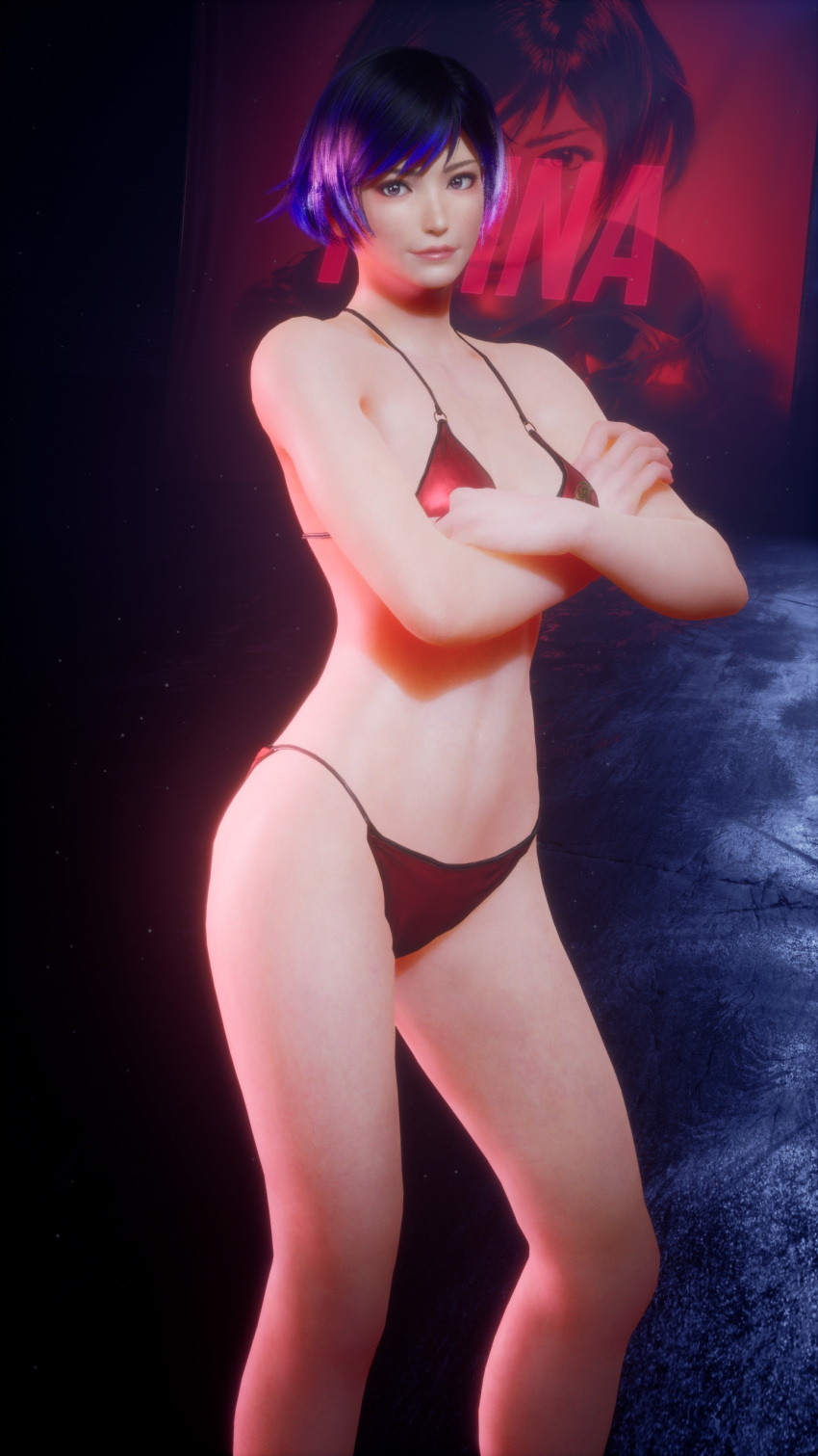 1girl 1girl culo seductor atlética_mujer bikini pelo_negro_y_púrpura pechos mujer_solo mujer_en forma increíblemente_caliente namco parcialmente_vestida posando reina_mishima captura de pantalla tekken tekken_8