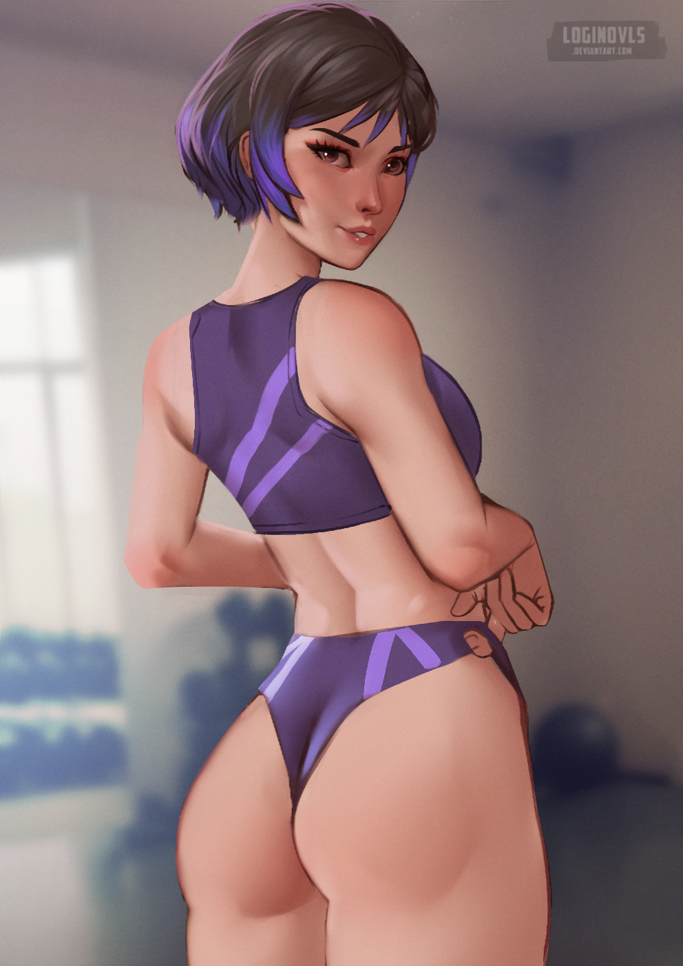 1girl 1girl culo seductor enfoque_culo pelo_negro_y_morado solo_mujer gimnasio inicio de sesiónvls mirando_al_visor mirando_hacia atrás namco ojos_morados reina_(tekken) short_gym_shorts sujetador_deportivo tekken tekken_8