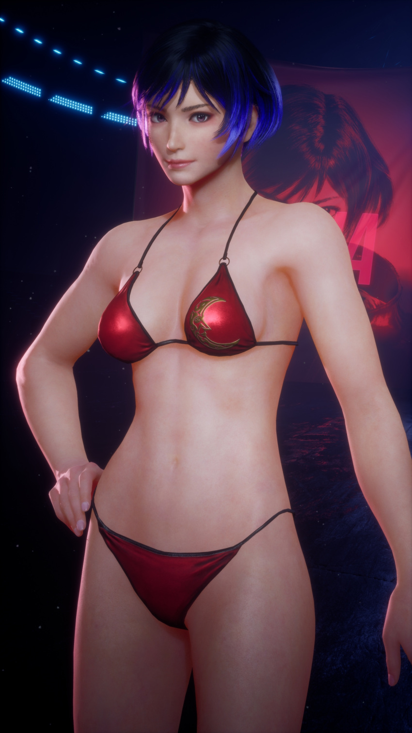 1girl 1girl seductor mujer asiática culo mujer atlética bikini cabello_negro y morado pechos mujer_abdominales mujer_solo mujer_en forma insanely_hot mod namco parcialmente vestida reina_mishima captura de pantalla tekken tekken_8