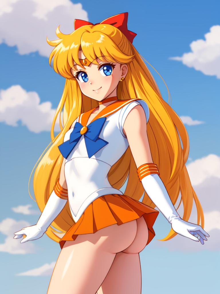 1girl ai_generated culo bishoujo_senshi_sailor_moon cabello_rubio ojos_azules nube cielo_nublado_enfoque_mujer guantes cabello_largo mirando_al_espectador minifalda cinta collar_marinero uniforme_senshi_marinero camisa_marinero camisa_venus_marinero falda cielo pechos_pequeños sonrisa tiara mujer_joven