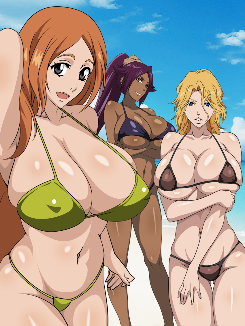 3_chicas culo seductor pechos grandes bikini ojos_negros blanqueamiento cabello_rubio ojos_azules pechos escote pezones_erectos_cubiertos mujer de piel oscura piel_oscura enfoque_femenino alta_resolución inoue_orihime pelo_largo matsumoto_rangiku múltiples_chicas boca_abierta pelo_naranja pelo_morado shihouin_yoruichi pelo_corto traje de baño ojos_amarillos yxyyxy