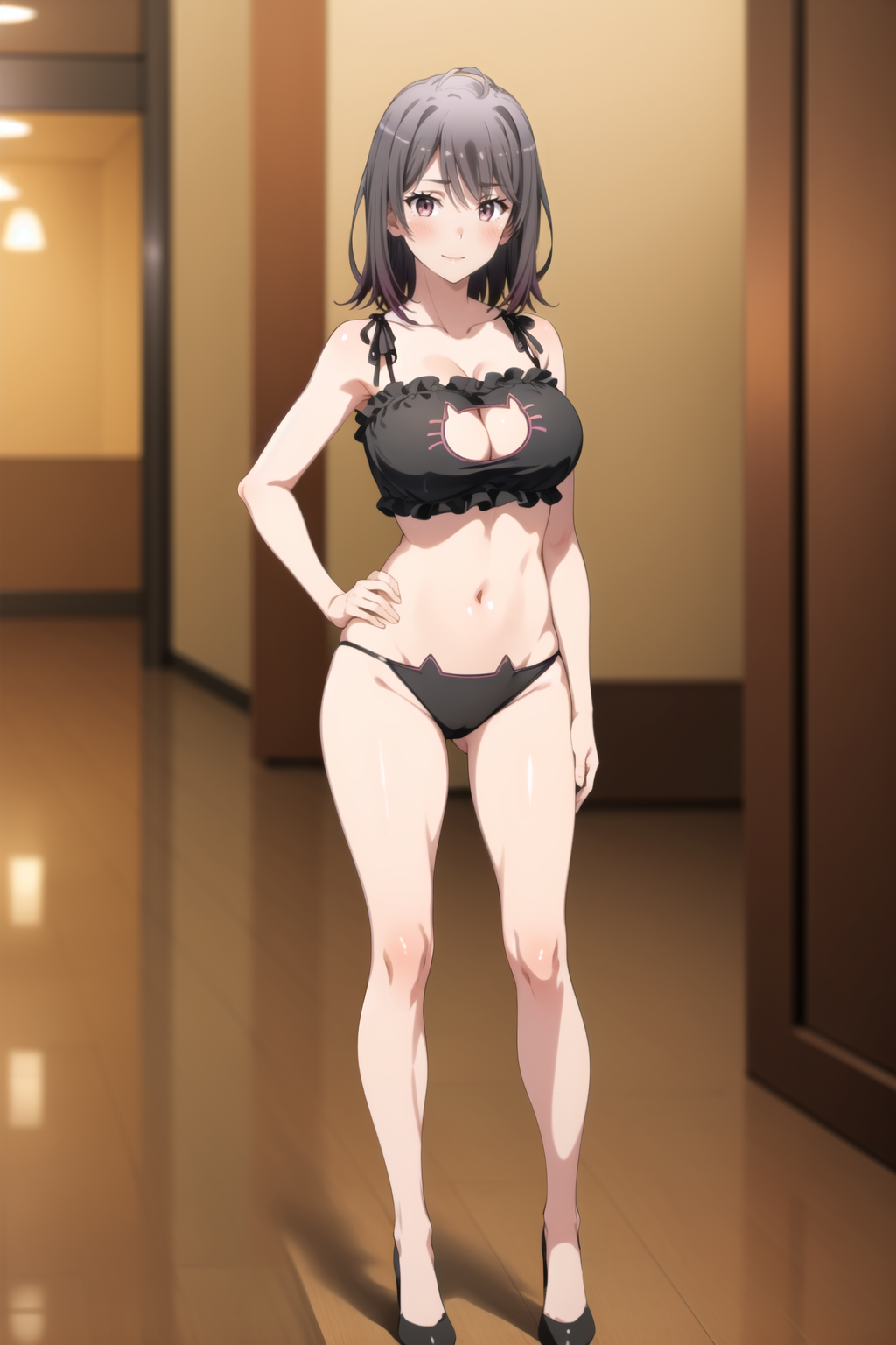 1 chica seductora pechos grandes bikini cabello_negro y morado escote tacones altos hotel_pasillo nosoylander ojos_morados silf yahari_ore_no_seishun_lovecome_wa_machigatteiru. yukinoshita_haruno