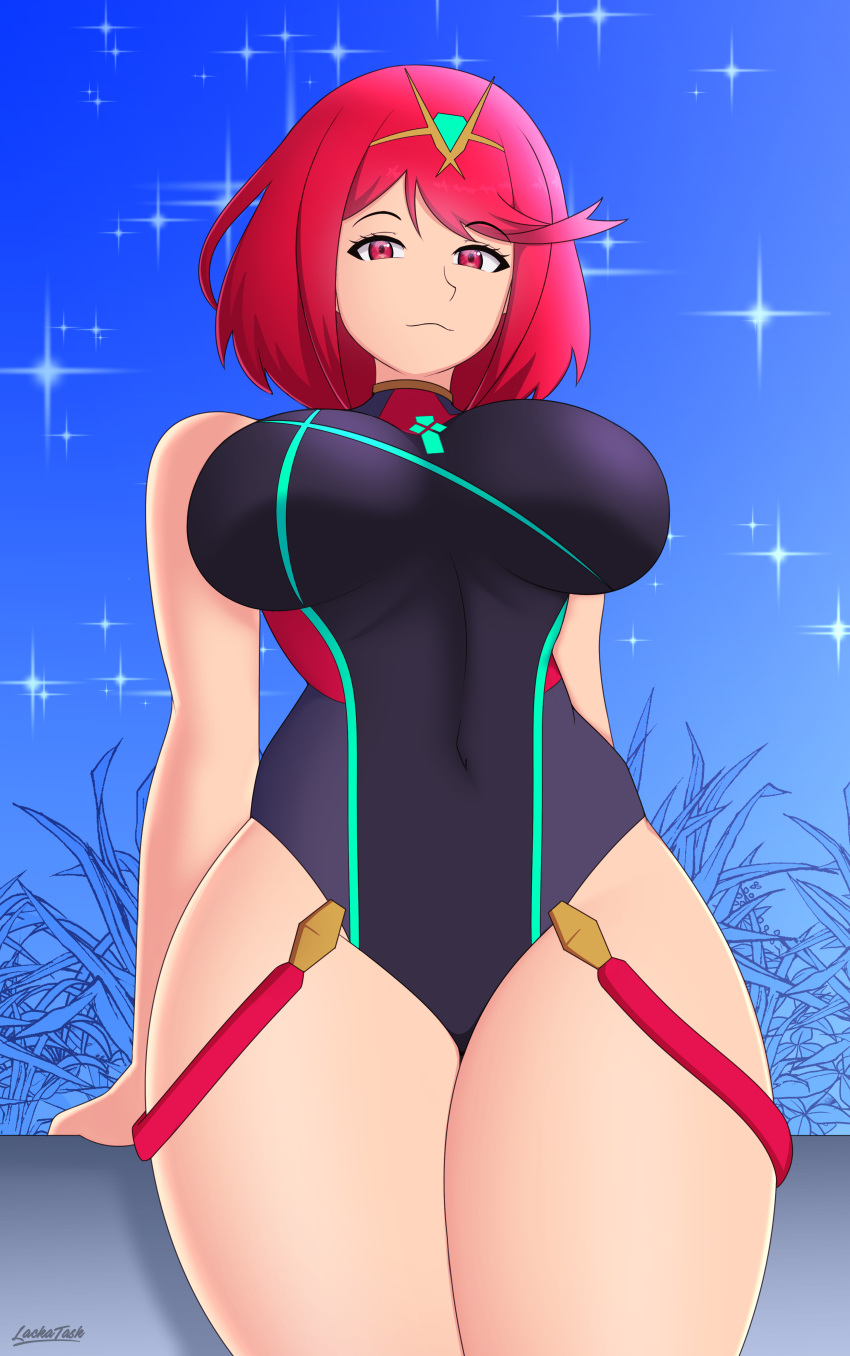 1girl seductor piernas desnudas pechos grandes bikini heroína falta de tarea nintendo bikini de una sola pieza pin_up pyra ojos_rojos pelo_rojo traje de baño tagme muslos_gruesos xenoblade_(serie) xenoblade_chronicles_2