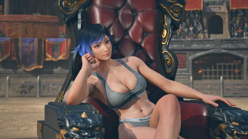 1chica 1chica 1chica 3d seductor mujer_atlética piernas_desnudas pechos_grandes cabello_negro_y_morado piernas_cruzadas abdominales_femeninos solo mujer en forma sonrisa mod namco bragas cabello_púrpura reina_(tekken) cabello_corto sentado sentado_en_una_silla sentado_en_el_trono cintura_delgada sujetador_deportivo tekken tekken_8 cabello_de_dos_colores ropa interior caderas_anchas