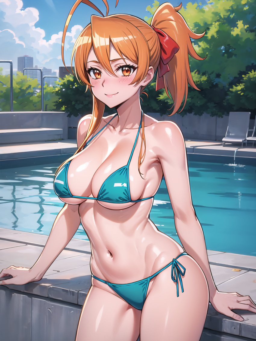 1chica 1chica 1chica ai_generated pechos_grandes pechos_grandes pechos_grandes bikini escote curvilíneas solo pelo_cinta escuela_secundaria_de_las_piernas_muertas mirando_al_visor ombligo pelo_naranja cola de caballo piscina rei_miyamoto sonrisa muslos agua