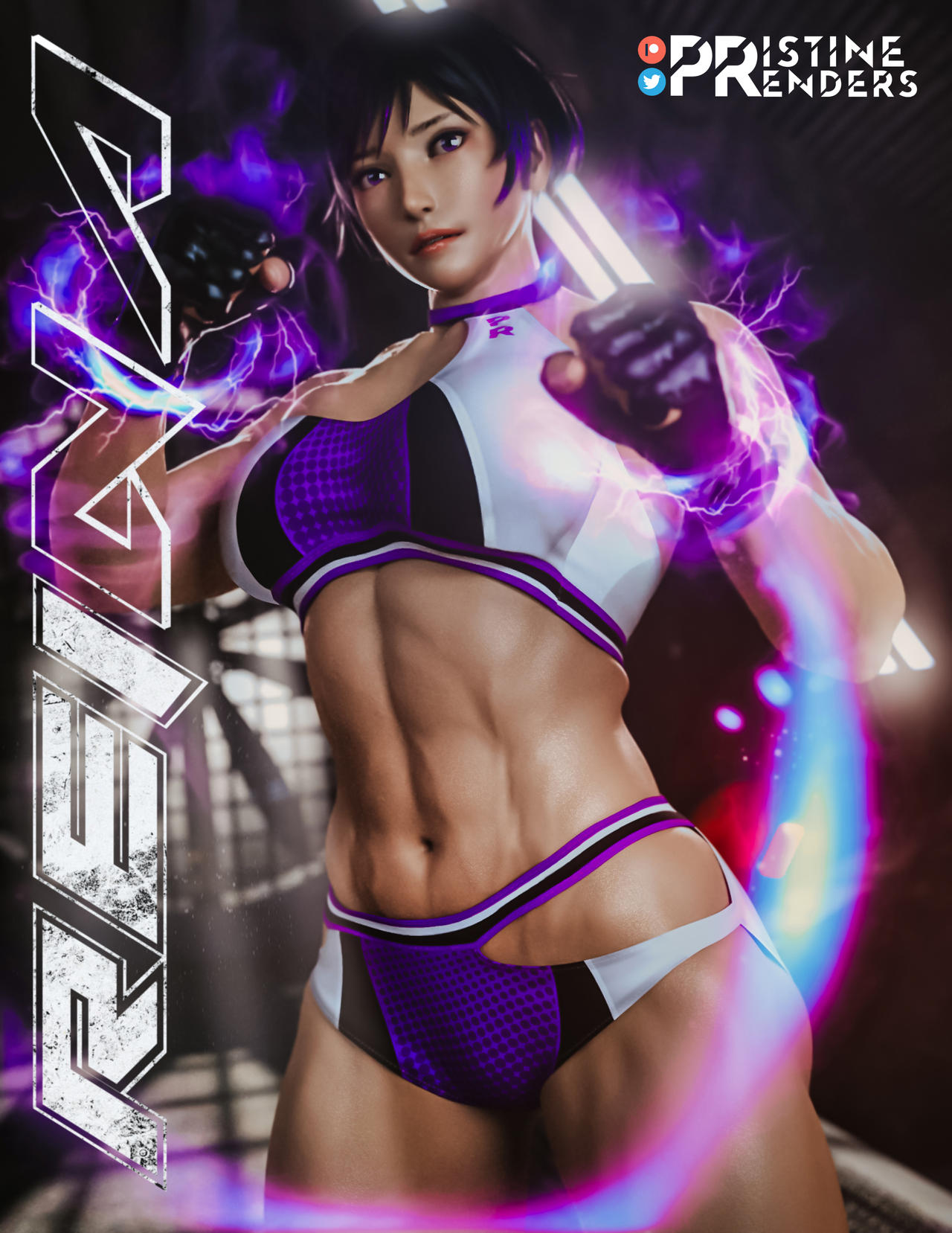 1girl 3d abs seductor mujer atlética pechos grandes bikini cabello_negro y morado abdominales femeninos solo mujer en forma ropa_de gimnasia namco pristinerenders ojos_morados reina_(tekken) short_gym_shorts sujetador_deportivo tekken tekken_8 marimacho