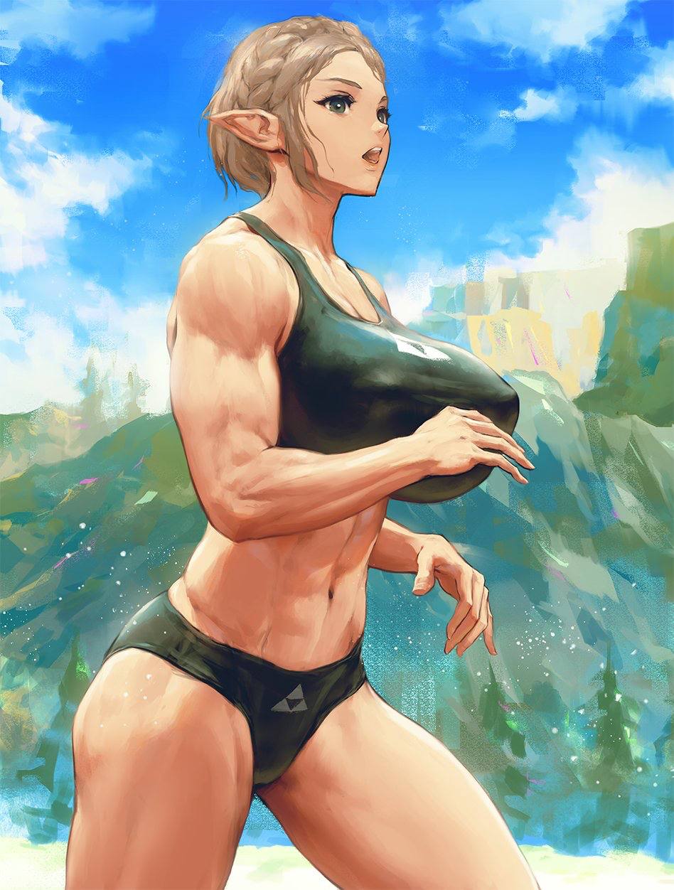 1girl abs seductor mujer atlética pechos grandes cabello_rubio abdominales femeninos fit_female infi_mt nintendo princess_zelda corriendo sujetador_deportivo the_legend_of_zelda the_legend_of_zelda:_tears_of_the_kingdom muslos_gruesos ropa interior zelda_(lágrimas_del_reino)