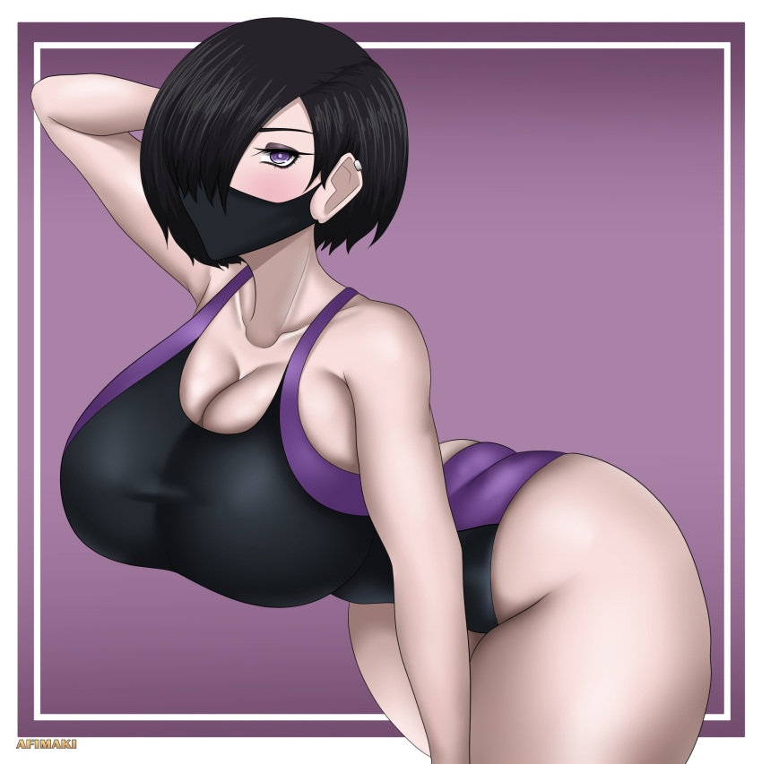 1girl afimaki seductor piernas desnudas pechos grandes cabello negro escote kanisuka_rita máscara ohsama_sentai_king-ohger bikini de una sola pieza pin_up posando ojos morados super_sentai