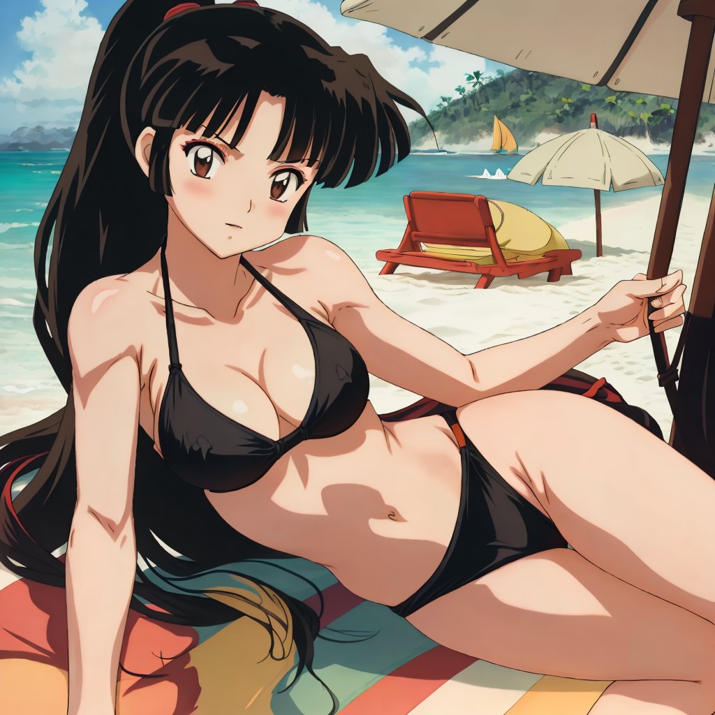 1 chica estilo_arte_preciso playa seductora toalla_de_playa paraguas_de_playa pechos_grandes bikini bikini_negro pelo_negro ojos_marrones escote inuyasha pelo_largo océano sango muslo_gap zengai