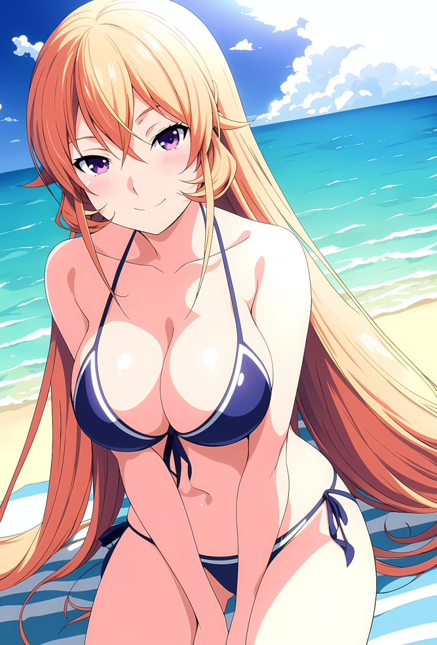 1girl estilo_arte_preciso seductor piernas_desnudas playa pechos_grandes bikini cielo_azul escote mastabayter nakiri_erina océano ojos_morados shokugeki_no_souma cabello_rubio_fresa