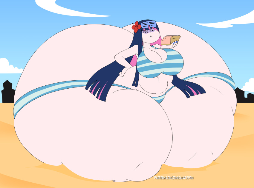 1girl culo_expansion playa gran_vientre_grandes_pechos bikini pastel pastel_(comida) gordita gordita_mujer arma_comica comiendo gótica chica_gotica culo_enorme panty_&amp;_media_con_liguero media_(psg) muslos_gruesos aumento_de_peso