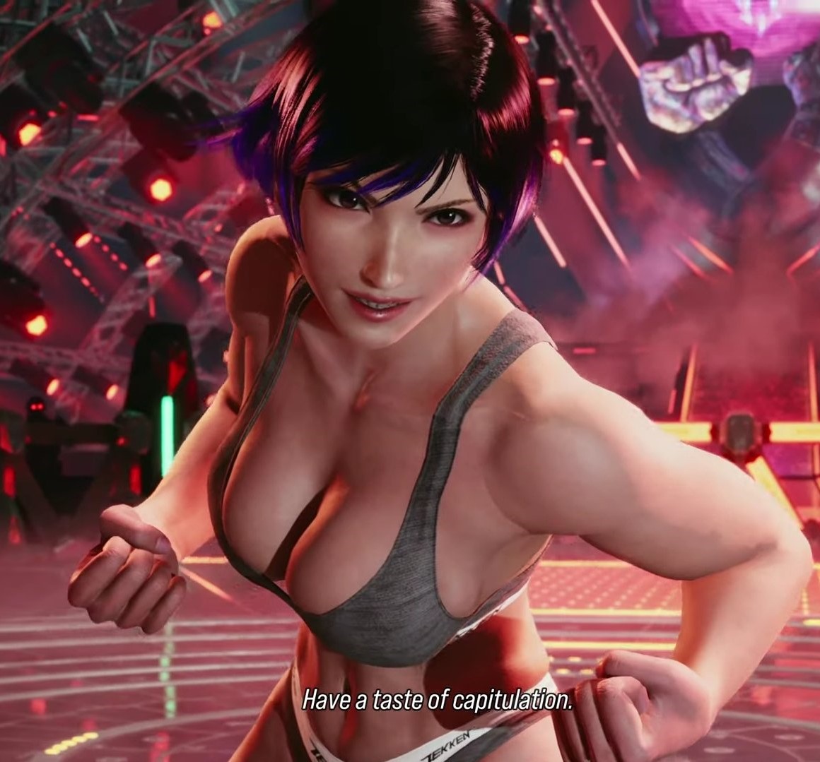 1 chica seductora mujer_atlética bandai_namco pechos grandes escote_de_cabello_negro y_púrpura abdominales femeninos solo juego_de_lucha mujer_en forma mod en el juego namco namco_bandai reina_(tekken) reina_mishima tekken tekken_8 ropa interior