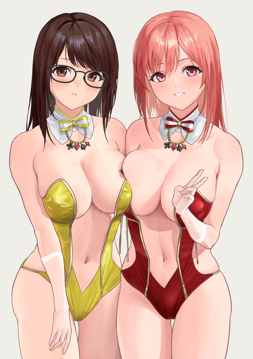 2_chicas absurd_res seductor hombros_desnudos pechos grandes gafas con montura negra cabello_negro rubor pechos ojos_marrones escote solicitud de comentario dead_or_alive dead_or_alive_6 dead_or_alive_xtreme dead_or_alive_xtreme_2 dead_or_alive_xtreme_3_fortune dead_or_alive_xtreme_playa_voleibol dead_or_alive_xtreme_ven us_vacation cuello_separado codo_guantes gafas guantes adorno_dorado fondo_gris mano_arriba cabeza_inclinación alta_resolución hoki1314 honoka honoka_(doa) leotardo múltiples_niñas ombligo labios_partidos ojos_rosas pelo_rosa leotardo_rojo sonrisa transparente estómago sin tirantes leotardo_sin tirantes tecmo muslos tsukushi_(doa) v yellow_leotard