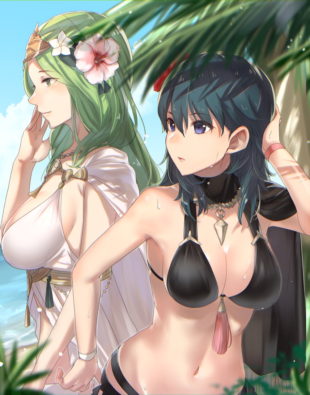 2_chicas seductoras brazos_desnudos hombros_desnudos pechos_grandes bikini bikini_negro traje de baño_negro ojos_azules byleth_(emblema_de_fuego) byleth_(emblema_de_fuego)_(mujer) byleth_(emblema_de_fuego)_(mujer)_(verano) escote solo mujer_emblema_de_fuego emblema_de_fuego:_tres_casas_emblema_de_fuego héroes flor_en_pelo ojos_verdes cabello_verde haru_(nakajou-28) harunn2288 abdomen_de_pelo_largo disfraz_alternativo_oficial rhea_(emblema_fuego) rhea_(verano)_(emblema_fuego) traje de baño sudor pelo_verde azulado mojado cuerpo_mojado bikini_blanco traje de baño_blanco