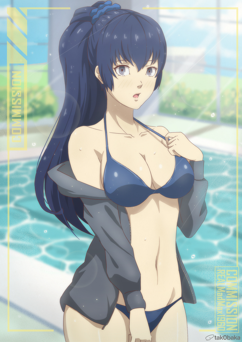 versión_alternativa_disponible atlus pechos_grandes bikini cabello_azul pechos chaqueta mirando_al_visor megami_tensei naoto_shirogane persona persona_4 persona_x_detective_naoto shirogane_naoto piscina_tak0baka