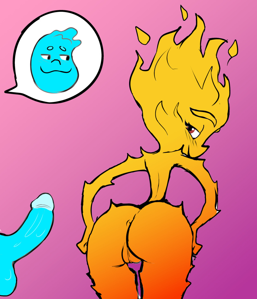 1chico 1chica 2024 ano brazos culo culo ojos_negros boca_cerrada color cum_in_ass cum_in_pussy disney elemental_(pixar) ember_lumen cejas pestañas sonrisa holding_butt piernas minecraft_cobblestone_generator desnudo nude_female pene pixar fondo_purpura ojos_rojos text_bubble wade_ripple