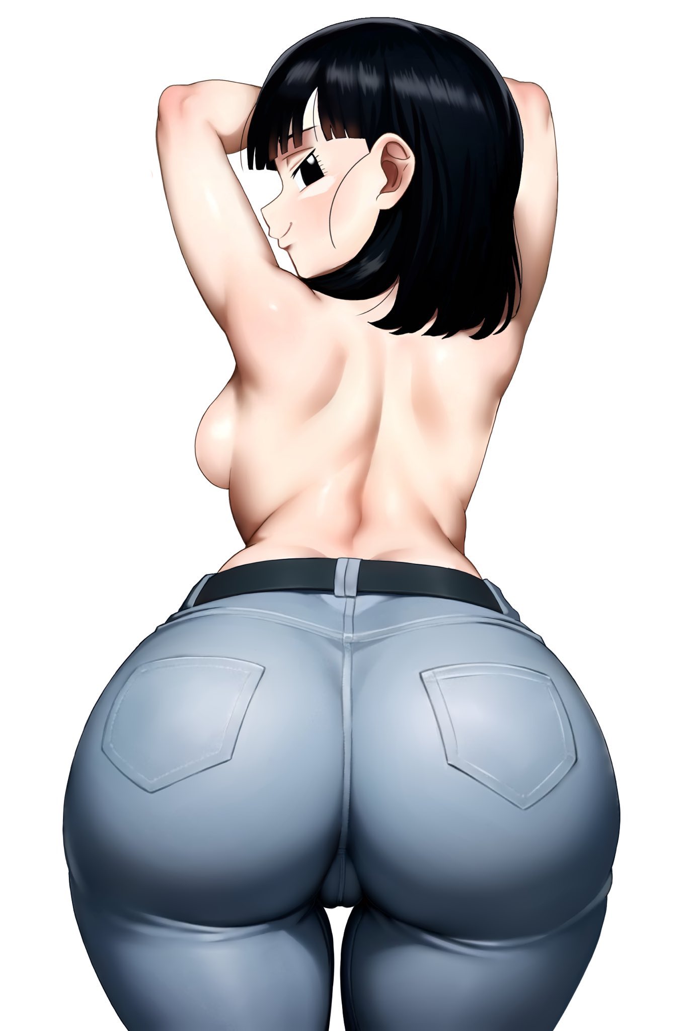 1girl culo enfoque_culo pelo_negro bola_de_dragon dragon_ball_gt dragon_ball_super jeans mujer_madura pelo_medio desnudo pan_(dragon_ball) pervertido pervertido_femenino invitación_sexo sexualmente_sugerente pelo_corto pechos_pequeños sonrisa