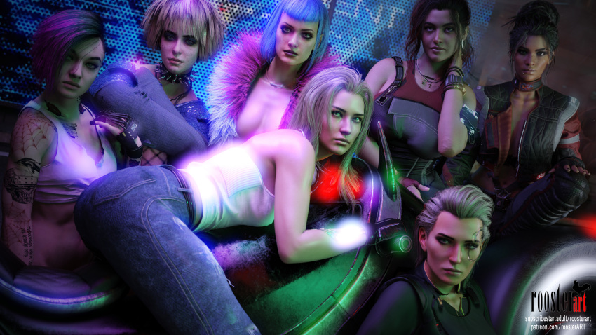 16:9 16:9_aspect_ratio 3d 3d_(artwork) 4k 7girls alt_cunningham arm_tattoo aumento de culo cuerpo_aumentado rubia cabello_rubio floración cabello_azul morena claire_russell escote vestida cyberpunk cyberpunk_2077 cabello_oscuro evelyn_parker enfoque_femenino solo mujeres jeans futuristas judy_alvarez piel clara mujer de piel clara clara _piel_pelo_largo mirando_al_visor cabello_medio meredith_stout misty_olszewski collar de motocicleta afuera panam_palmer patreon patreon_username roosterart sfw sentado de pie subscribestar subscribestar_username tatuaje tatuajes video_game video_game_character video_game_franchise white_shirt