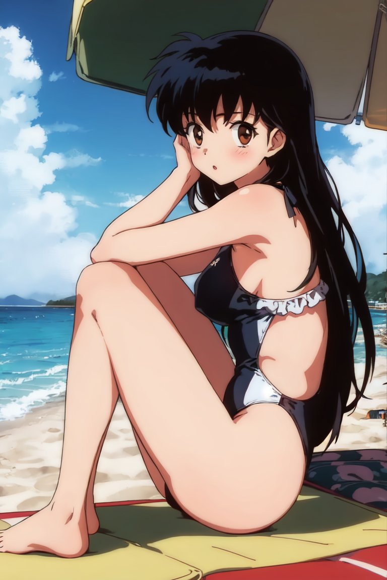 1 chica seductor artista_solicitud piernas_desnudas playa bikini pelo_negro cielo_azul pechos inuyasha kagome_higurashi océano en_toalla bikini de una sola pieza traje de baño