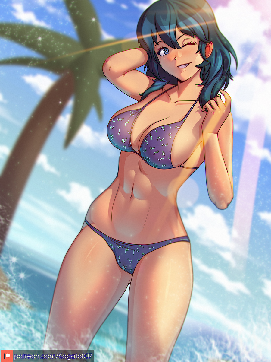 1girl ABS alternate_costume atletic_female beach bikini bikini_bottom bikini_top blue_eyes senos byleth_ (fire_emblem) byleth_ (fire_emblem) _ (femenino) escloavage femense_abs fire_emblem fire_emblem: _three_houses fit_female hand_bebehind_head kagateo007 fuera de palm_tree púrple_bikini smile traje de baño teal_hair winking