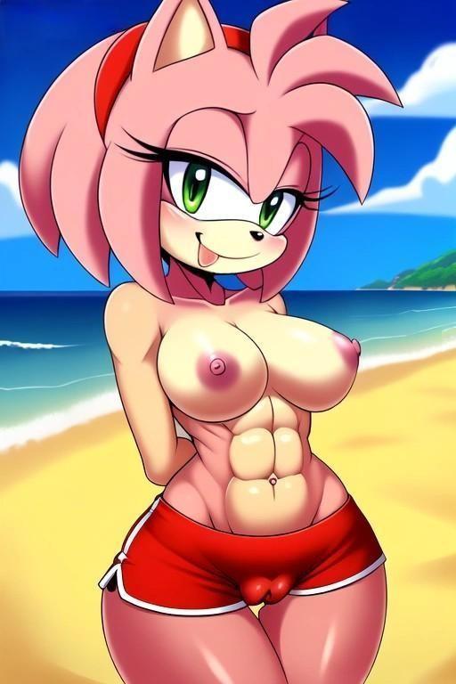 abs ai_generated amy_rose playa pechos mobians.ai pezones nuggeto mar playa sega shorts sonic_the_hedgehog_(serie) topless topless_female