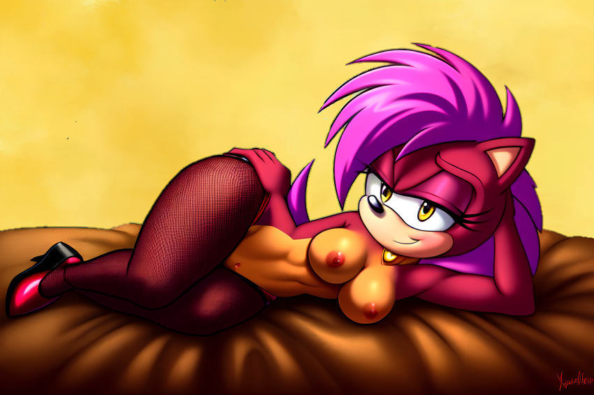 ai_generated black_legwear pechos completamente_mujer_desnuda enfoque_femenino peludo peludo_pezones femeninos desnudo cabello_rosa piel_morada sonrisa_seductora sega sonia_the_hedgehog sonic_the_hedgehog_(serie) sonic_underground ojos_amarillos