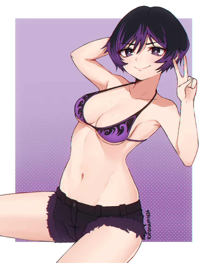 >:) 1girl axilas bikini cabello_negro rubor pechos escote boca_cerrada juego_de_lucha cabello_entre_ojos kuronami616 mirando_al_visor cabello_multicolor namco ombligo ojos_morados cabello_morado reina reina_(tekken) reina_mishima cabello_corto pantalones cortos fondo_simple sonrisa traje de baño tekken tekken_8 cabello_dos_colores v cejas_en forma de v fondo_blanco