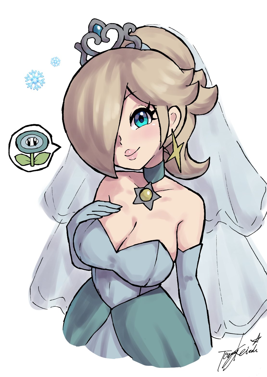 1 chica seductora cabello_rubio ojos_azules senos escote solo mujer mario_(serie) collar nintendo rosalina super_mario_bros. super_mario_odyssey vestido_de_novia yamino_ekakinin