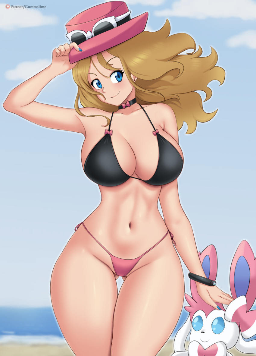 1 chica seductor pechos grandes bikini cabello_rubio ojos_azules escote deviantart fanbox_reward gummslime gumroad nintendo patreon pokemon pokemon_(anime) pokemon_xy serena_(pokemon) sylveon